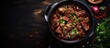 A picture of Meat Stew, with beef stewed in red wine sauce, viewed from the top with copy space. The