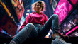 street fashion portrait, urban style model, levitating accessories, distorted perspective, digital painting, moody, neon lights
