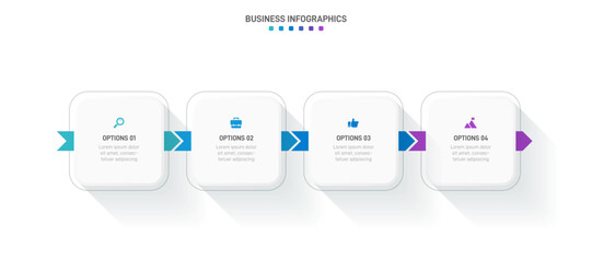 Timeline infographic with infochart. Modern presentation template with 4 spets for business process. Website template on white background for concept modern design. Horizontal layout.