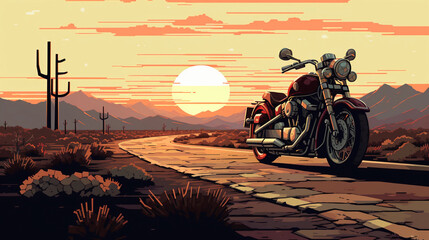 Wall Mural - Retro, side - scroller perspective of a classic motorcycle on Route 66, atmospheric sunset, desert environment, cacti, empty billboards, tumbleweed, nostalgic, clean, simple
