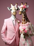 A male giraffe wearing a pink suit and tie, and a female giraffe wearing a bridal pink dress and a bouquet of roses. Illustration. Generative AI