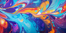 Abstract Acrylic Pour Painting On Canvas, Swirls Of Vibrant Colors Creating A Psychedelic Effect, Glossy Finish