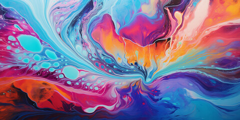 Wall Mural - Abstract acrylic pour painting on canvas, swirls of vibrant colors creating a psychedelic effect, glossy finish