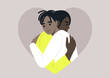 Two characters come together in a warm embrace framed with a heart shape, a gesture of deep love and affection for each other