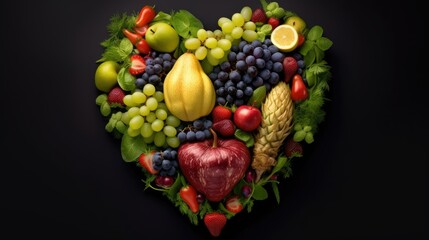 Wall Mural - Heart shape made of Fruits and Vegetables.  Healthy food concept. banner copy space, ai generative