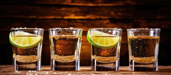 Poster - Golden Tequila Shots on a wooden background with three shot glasses containing salt, lime slices, and