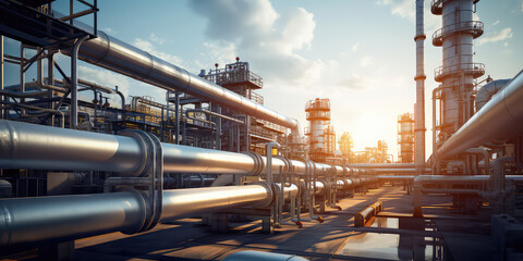 Industrial metal pipeline, oil and gas factory outside view in sunny day, blue sky. Industrial factory wallpaper.