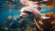 Pink Dolphin, Rare Species Of Marine Animal, Amazonian Dolphin Underwater. Generative AI