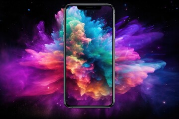Poster - colored fog with smartphone on black background.
