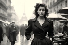 1950s Portrait Of Beautiful Woman Posing In Parisian Street Generative Ai