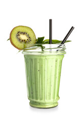 Wall Mural - Glass of fresh kiwi smoothie with mint on white background