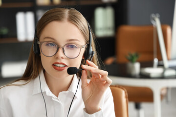 Canvas Print - Beautiful consultant of call center working in office, closeup