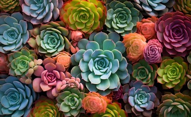 Poster - Arrangement of succulents in various hues. Cactus Pattern. Nature Background. Generatve AI.