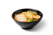Miso Ramen with pork in a bowl on white background.