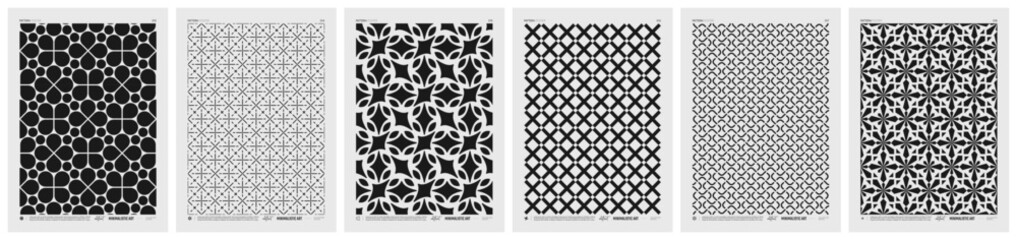 Leinwandbilder - Abstract vector Minimalistic Posters with geometric pattern, Black and White rhythmic repeating texture, creative modern artwork with typically repeated element various shapes, set 3