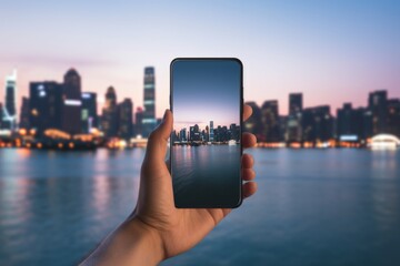 Closeup male hand unrecognizable business man holding smartphone wallpaper city cityscape background downtown guy make photo photography mobile phone display blogger vlogger streaming cellphone camera