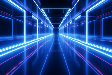 Futuristic corridor with glowing blue neon lights.Generative AI.