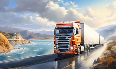 A European freight truck traveling down the roadway. The transportation and logistics sector in action.