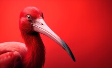 Creative Animal Concept. Macro Shot Of Red Scarlet Ibis Over Red Pastel Bright Background. Generative AI. 