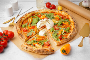 Canvas Print - Tasty pizza with Burrata cheese on light background