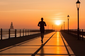 Canvas Print - A man running on a pier at sunset. AI.