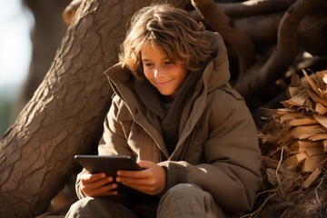 Wall Mural - A young boy sitting on the ground looking at a cell phone. AI.