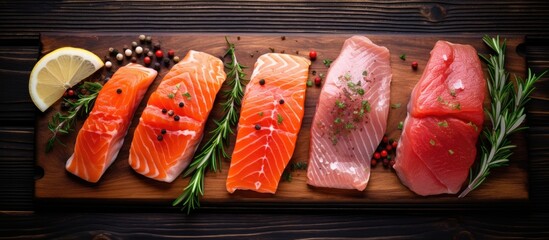 Poster - Raw Steaks - Salmon, beef, and turkey breast fillet on a wooden cutting board. View from the top with
