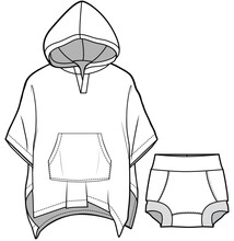 Kids Hooded Towel Beach Cover Up Flat Sketch Vector Illustration Technical Cad Drawing Template