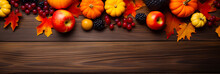 Autumn Leaves And Autumn Fruits On Tree Background With Copy Space
