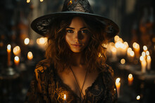 Portrait Of Beautiful Sexual Witch On Halloween Background