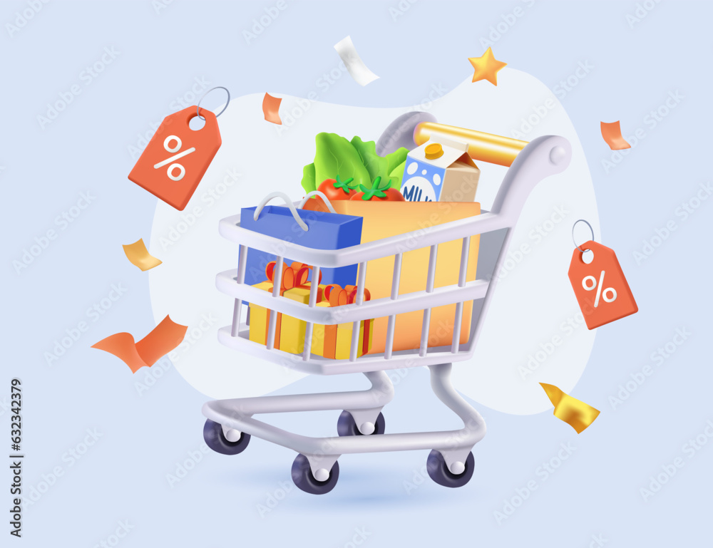 3D shopping cart with products for online shopping and digital ...