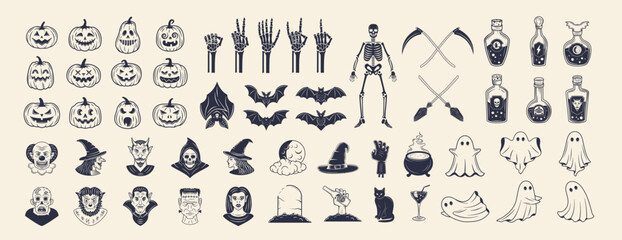 Halloween icons set. 57 Halloween vintage icons and silhouettes isolated on white background. Elements for logo, emblem, poster, banner, invitation, background design. Vector illustration