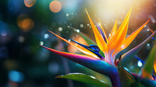 Bird Of Paradise Fantasy: Enchanting Spring Garden. Enchanting And Fantasy-like Scene Featuring Bird Of Paradise Flowers Within A Photorealistic And Vibrant Spring Garden. Generative Ai