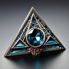 A triangle shaped brooch with a blue stone. Digital image.