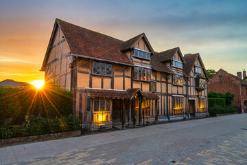 Sticker - William Shakespeares birthplace place at sunrise located at Henley street in Stratford upon Avon in England, United Kingdom