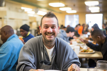 positive homeless white man sits at a table in a bustling homeless shelter dining hall, surrounded b