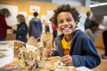 Boy makes crafts at the master class, free space photo