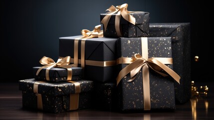 Black gift boxes on black background.