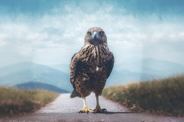 Wall Mural - Double exposure photo of a brown eagle and a bird-filled, foggy mountain road. Generative AI