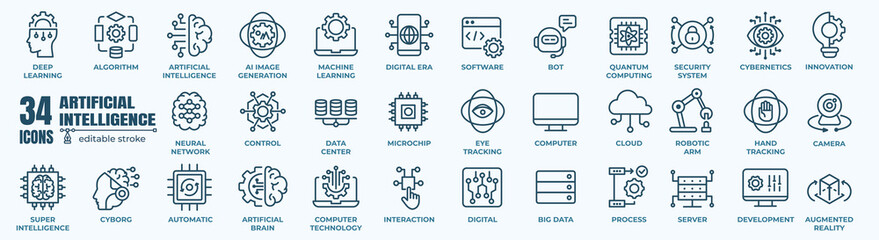 Artificial intelligence and machine learning icon set. Vector graphic illustration.