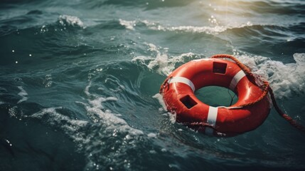 Wall Mural - Lifebuoy floats in rough sea waters. Safety and rescue concept. Generative AI