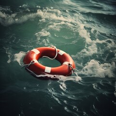 Wall Mural - Lifebuoy floats in rough sea waters. Safety and rescue concept. Generative AI