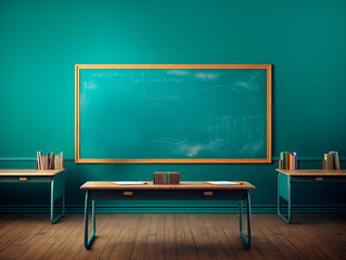 Poster - Empty school classroom with chalkboard and green wall. Education concept. Generative AI