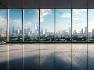 Poster - cityscape and skyline from empty room with glass wall. Generative AI
