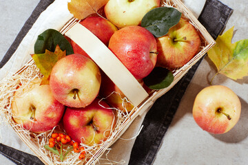 Wall Mural - autumn flat lay with apples, basket and autumn leaves