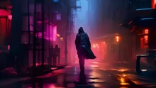 A Lone Figure Walking Down The Alley With A Cybernetic Implant Glowing Beneath Their Rain Slicker. Cyberpunk Art