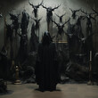 A Hooded Figure Standing Before a Wall of Mounted Skulls