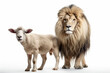 Lion next to a sheep, Jesus Christ concept. Generative AI