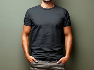 Wall Mural - Male model wearing blank black t-shirt. Mock up for design. Generative AI