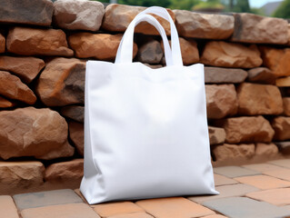 Poster - White canvas bag on stone wall background. Close up of bag. Generative AI